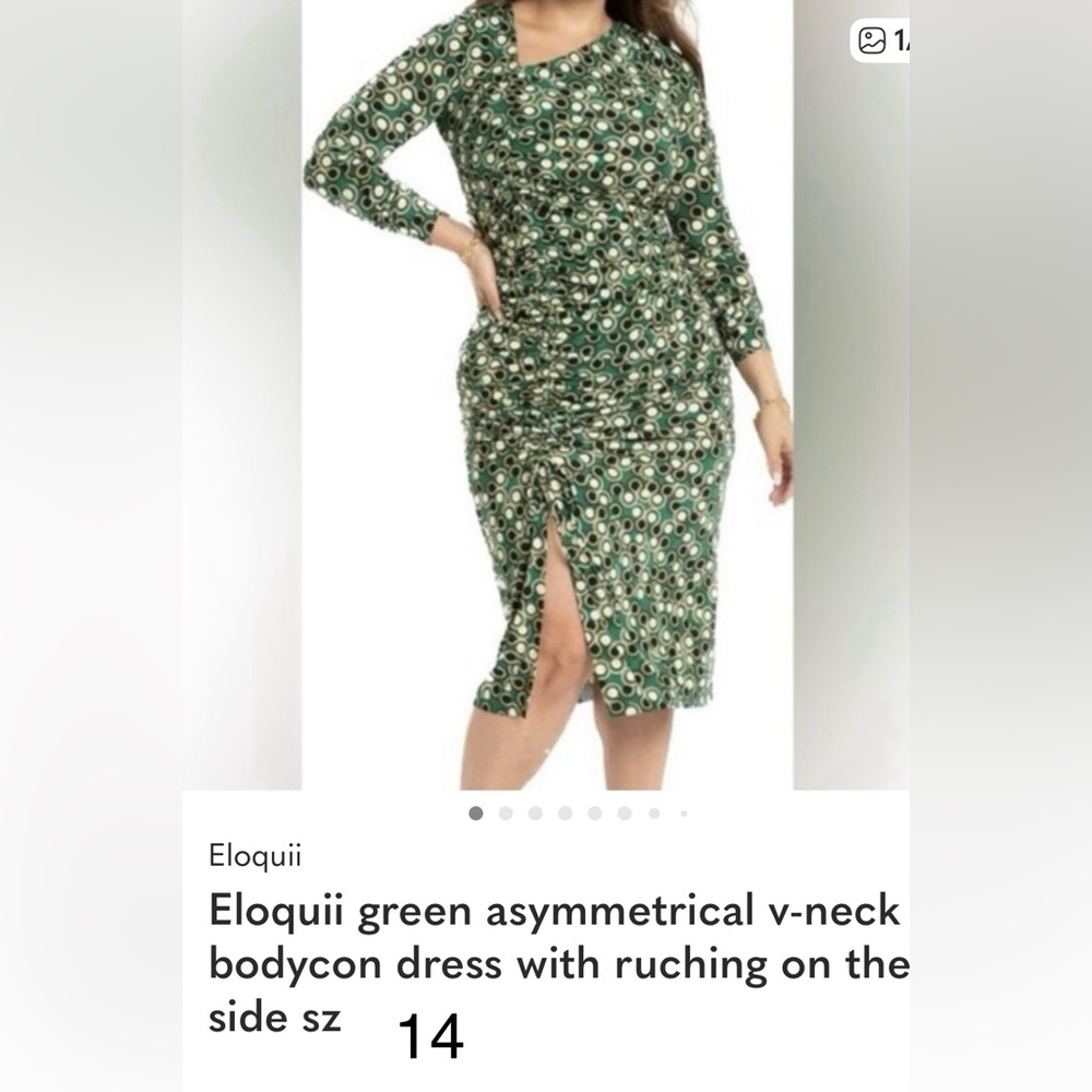 Eloquii Green Asymmetrical V-Neck Bodycon Dress with Ruching